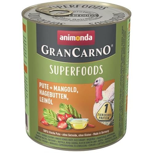 GranCarno Hunde Nassfutter Superfoods Pute + Mangold (6 x 800g), Hundefutter nass ohne Getreide und Zucker von animonda, für ausgewachsene Hunde, mit frischen fleischlichen Zutaten von Grancarno