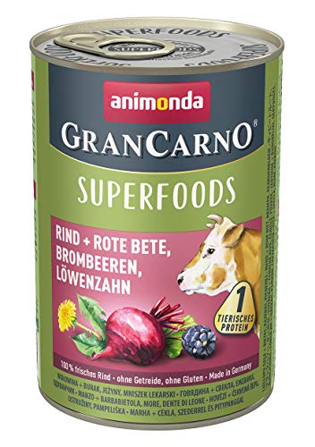animonda Gran Carno adult Superfoods Hundefutter, Nassfutter für ausgewachsene Hunde, Rind + Rote Bete, Brombeeren, Löwenzahn, 6 x 400 g, 6er Pack (6 x 0.4 kilograms) von animonda Vom Feinsten