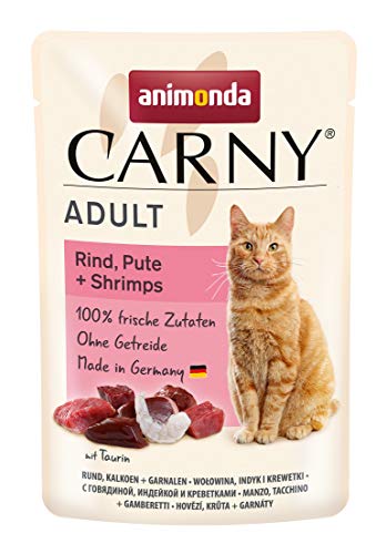 Carny Katzenfutter nass Pouch Rind,Pute+Shrimps (12x85g) Katzen Nassfutter ohne Getreide und Zucker für ausgewachsene Katzen von animonda mit frischen fleischlichen Zutaten,praktische Portionsbeutel von animonda Carny