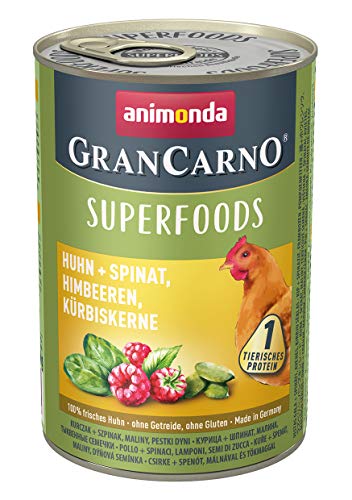 animonda Vom Feinsten Gran Carno adult Superfoods Hundefutter, Nassfutter für ausgewachsene Hunde, Huhn + Spinat, Himbeeren, Kürbiskerne, 6 x 400 g, 6er Pack (6 x 0.4 kilograms) von animonda Vom Feinsten