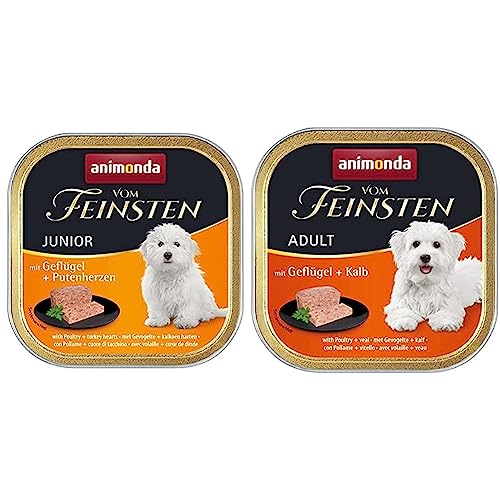 animonda Vom Feinsten Junior Hundefutter, Nassfutter für Hunde im Wachstum, mit Geflügel + Putenherzen, 22 x 150 g & Adult Hundefutter, Nassfutter für ausgewachsene Hunde, Geflügel + Kalb, 22 x 150 g von animonda Vom Feinsten