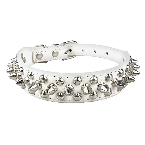 Hundehalsband mit Nieten, PU-Leder, Pitbull-Nieten, verstellbares Halsband (weiß, 27–32 cm) von anso
