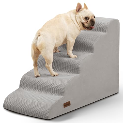Aodisman 5-stufige Hundetreppe und Rampe für Hochbett, rutschfeste, stabile Haustiertreppe für kleine Hunde und Katzen, 56,4 cm hoch, Hellgrau von aodisman