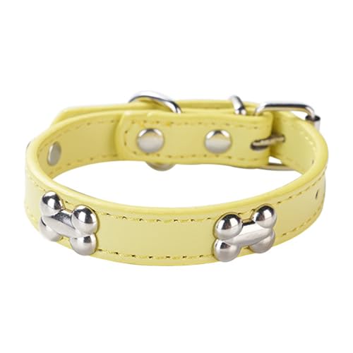 Aotusoa Verstellbar Hundehalsband aus Gepolstert PU-Leder mit Knochenapplikationen Klassische Bequem Halsbänder für Welpen & Kleine Mittel Große Hunde (Gelb, M) von aotusoa