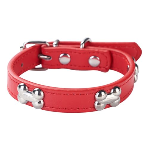 Aotusoa Verstellbar Hundehalsband aus Gepolstert PU-Leder mit Knochenapplikationen Klassische Bequem Halsbänder für Welpen & Kleine Mittel Große Hunde (Rot, M) von aotusoa