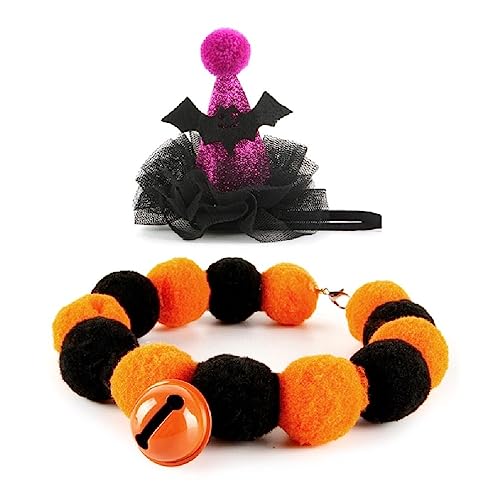 Hübscher Kürbis-/Fledermaus-Hut mit Pompons, Halskette, Halloween, schelmisches Katzenkostüm, Karneval, Party, Cosplay, Zubehör, Haustierhüte für Katzen, Haustierhüte für kleine Tiere, für Hunde und von apughize