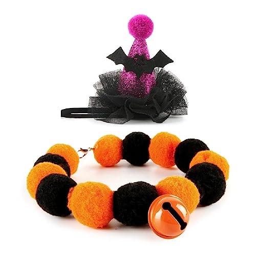 Hübscher Kürbis-/Fledermaus-Hut mit Pompons, Halskette, Halloween, schelmisches Katzenkostüm, Karneval, Party, Cosplay, Zubehör, Haustierhüte für Katzen, Haustierhüte für kleine Tiere, für Hunde und von apughize