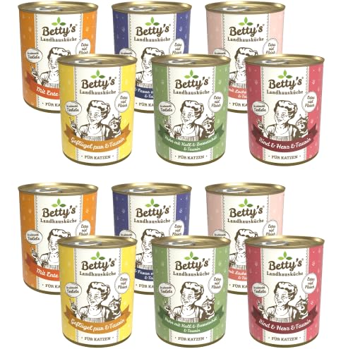 Bettys Landhausküche Cat 12 x 400 g Mixpaket | Garantierter 6 Sorten Mix | Hochwertiges Nassfutter für Katzen | Ohne Getreide | Schonend gegart | Bekömmlich | mit Taurin | Hoher Fleischanteil von arelf