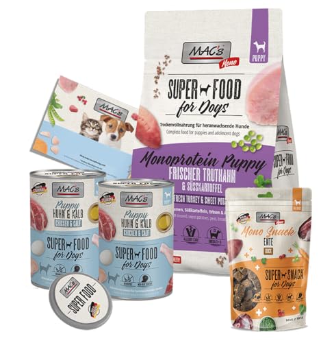 Mac's Puppy Welpen-Box – 2X Nassfutter 400g + 1x Trockenfutter 750g + 1x Mono Snack Ente 100g – Getreidefrei, auch für allergieempfindliche Hunde, inkl. Bonusmaterial Mac's Puppy Welpen-Box – 2X Nassfutter 400g + 1x Trockenfutter 750g + 1x Mono Snack Ente 100g – Getreidefrei, auch für allergieempfindliche Hunde, inkl. Bonusmaterial von arelf