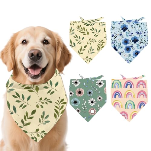 arricraft 4 Stück Boho-Polyester-Haustierhalstücher, Blätter, blaue Blume, Hundeschal, waschbar, Dreiecksstoff, Haustierhalstücher für kleine, mittelgroße und große Katzen und Hunde von arricraft