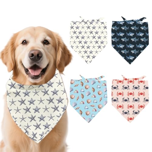 arricraft 4 Stück Marine Life Polyester-Haustierhalstücher, Seestern, Muschel, Hai, Krabbe, Hundeschal, waschbar, Dreiecksstoff, Haustierhalstücher für kleine, mittelgroße und große Katzen und Hunde von arricraft