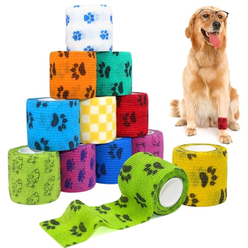 aurorayer 12 Stück Selbsthaftende Bandage Hund Vet Verband Elastische Selbstklebender Verband 5cm*4,5m per Rollen, Cohesive Pet Vet Wrap für Katze,Hund,Pferd Bein Klebeverband von aurorayer