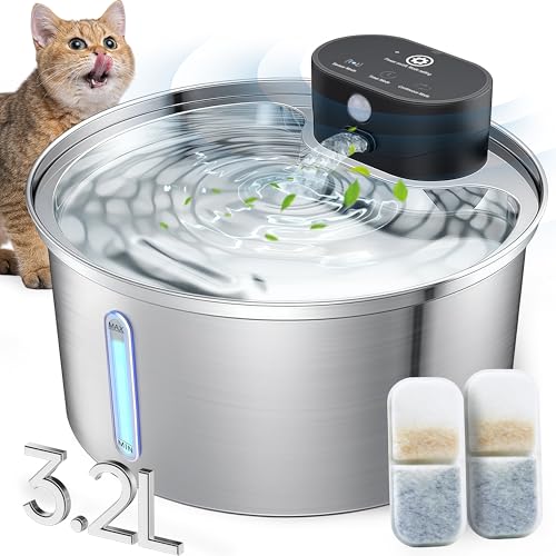 Katzenbrunnen Edelstahl Kabellos,Trinkbrunnen für Katze,Katzenbrunnen für Katzen,3.2L Katzentrinkbrunnen mit Bewegungsmelder,5000mAh wasserbrunnen für Katzen,Cat Fountain Pumpe Leiser Betrieb von auvstar
