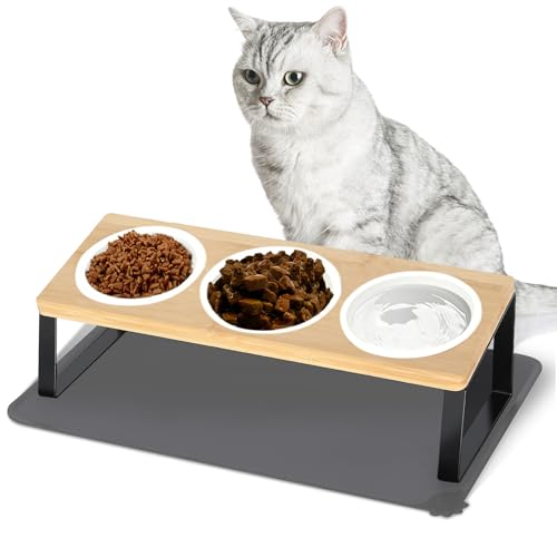 Katzennapf Erhöht, 3er Set Futternapf Katze aus Keramik mit Napfunterlage Silikon, Keramik Napf, Fressnapf Set Holz,15°gekippte Katzen Hundenapf,Fressnapf und Wassernapf für Katzen und kleine Hunde Katzennapf Erhöht, 3er Set Futternapf Katze aus Keramik mit Napfunterlage Silikon, Keramik Napf, Fressnapf Set Holz,15°gekippte Katzen Hundenapf,Fressnapf und Wassernapf für Katzen und kleine Hunde von aweker
