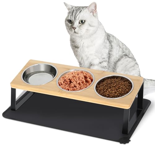 Katzennapf Erhöht,Katzennapf 3er Set mit Napfunterlage Silikon,Fressnapf Futterbar mit Holz Ständer, Edelstahl Näpfe für Wasser Futter - Futternapf für Katzen,kleine Hunde Katzennapf Erhöht,Katzennapf 3er Set mit Napfunterlage Silikon,Fressnapf Futterbar mit Holz Ständer, Edelstahl Näpfe für Wasser Futter - Futternapf für Katzen,kleine Hunde von aweker