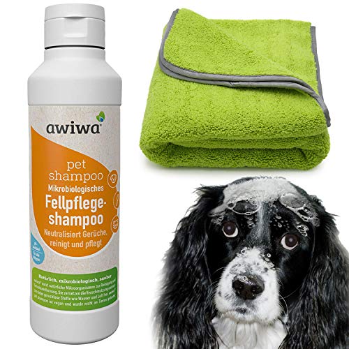 awiwa ® Hundehandtuch extra saugfähig + Shampoo für Hunde & Katzen I für langes Fell und Kurzhaar (Hundehandtuch + Shampoo 250ml) von awiwa