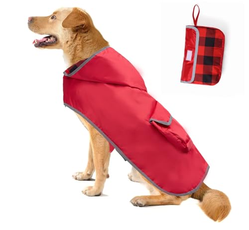 babepet Hunde-Regenmantel, wasserdicht, leicht, verstaubar, Regenponch, reflektierend, mit Kapuze, für Welpen, mit tragbarer Tasche, Rot, Größe L von babepet
