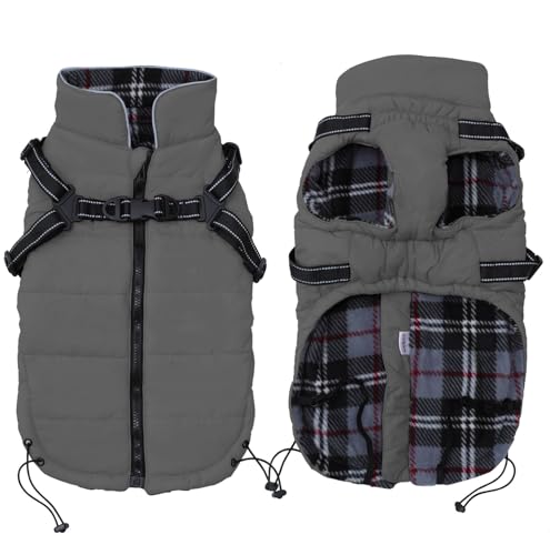 Babepet Warmer Haustiermantel mit Geschirr, wasserdichte kleine Hundejacke, Weste mit Brustgurt, Winterkleidung, Reißverschluss für Spaziergänge im Freien, Grau, Größe XL von babepet