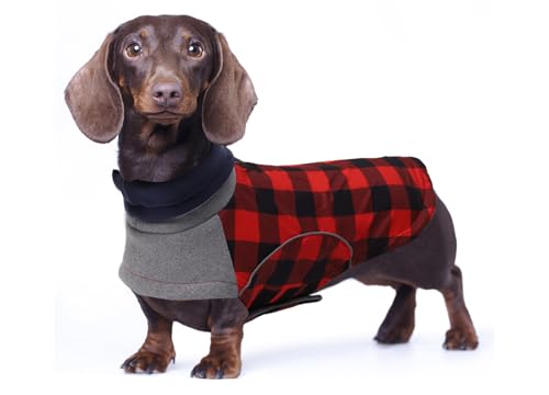 Babepet Wasserdichter Wintermantel für kleine Hunde, Dackel-Jacke mit Loch für Geschirr, ideal zum Spazierengehen, Wandern, Camping, Rot kariert, Größe M von babepet