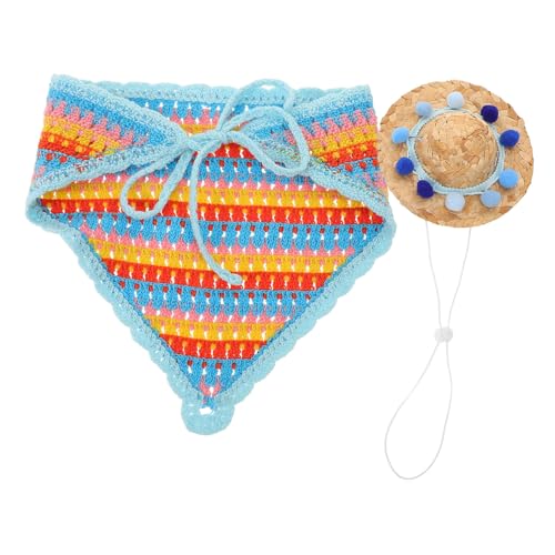 Balacoo Lustiger Hunde Strohhut mit Blauem Bommel und Passendem Handgehäkeltem Bandana Leichtes Komfortables für Kleine Hunde für Partys und Ausflüge von balacoo