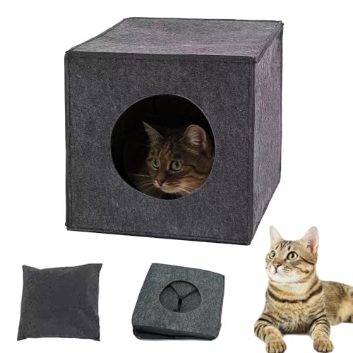 Katzenhöhle aus Filz mit Kissen Faltbare Kuschelhöhle für Katzen Katzenbox Regalhöhle Katzen Katzenhaus Filzhöhle für Katzen kleine Hunde Katzenkorb (Dunkelgrau, 33x37x33 cm) von bangminda