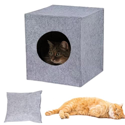 Katzenhöhle aus Filz mit Kissen Faltbare Kuschelhöhle für Katzen Katzenbox Regalhöhle Katzen Katzenhaus Filzhöhle für Katzen kleine Hunde Katzenkorb (Hellgrau, 33x37x33 cm) von bangminda