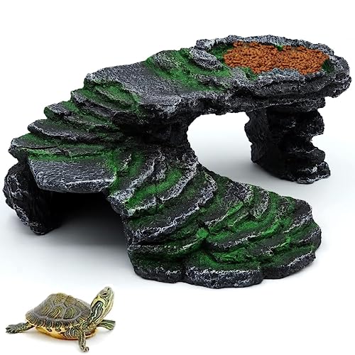 Schildkröte Basking Plattform Reptilien Simuliert Rock Habitat Terrarium Versteck Harz Felsversteck Höhle mit Futterschalen für Reptilien-Eidechsen Frösche Chamäleons Aquarium Ornament von bangminda