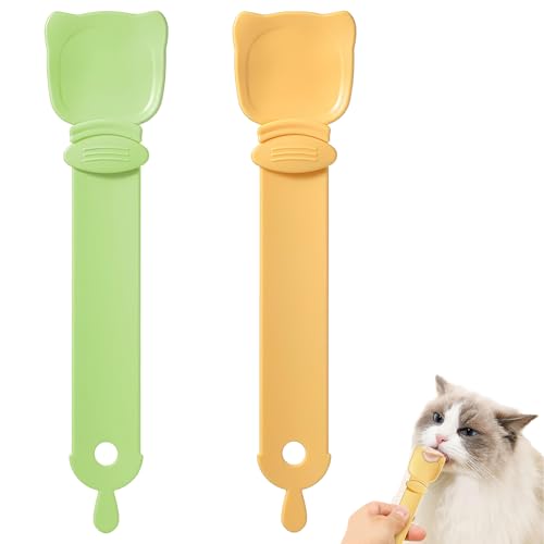 2 Stück Katzenfutter Löffel,Katzen Löffel,Katzenlöffel,Katzenfutter Spender,Quetschlöffel,Katzenfutter-Löffel mit Aufhängeloch,für leckeres Huhn Lamm Lachs Garnelen Thunfisch Käse(Grün und Gelb) von banjiabb