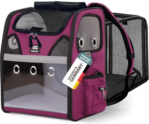 BARCOCO Katzenrucksack groß Katzenrucksack Hunderucksack Transportrucksack erweiterbar mit Fenster Katzentasche Atmungsaktiv stabil Wandern Transporttasche Haustier Tier Rucksack bis 6 kg - Lila von barcoco