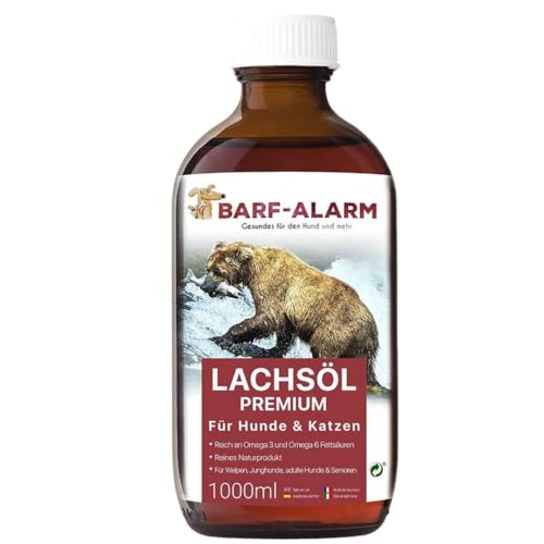 barf-alarm Premium Lachsöl für Hunde 1 Liter mit Omega 3 und Omega 6 Fettsäuren – Fischöl für den Hund & Katze – Barf Lachs für Welpen Adulte Senioren, Katzen & Sporthunde von barf-alarm