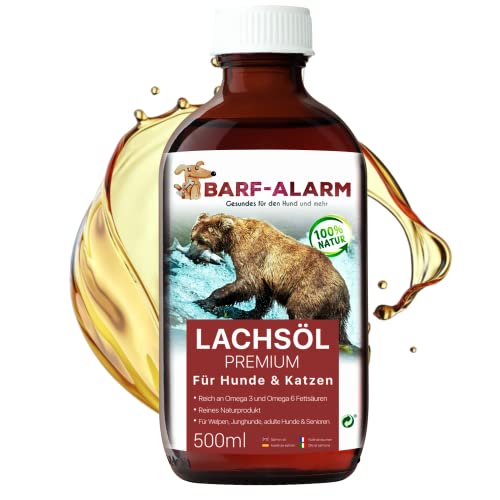 barf-alarm Premium Lachsöl Hunde 500ml Lachsöl für Hunde 500ml mit Omega 3 und Omega 6 Fettsäuren – Lachsöl Hund als Fischöl – Barf Lachs für Welpen Adulte Senioren & Sporthunde von barf-alarm