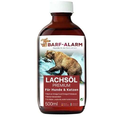 barf-alarm Premium Lachsöl Hunde 500ml Lachsöl für Hunde 500ml mit Omega 3 und Omega 6 Fettsäuren – Lachsöl Hund als Fischöl – Barf Lachs für Welpen Adulte Senioren & Sporthunde von barf-alarm