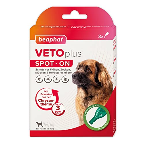 BEAPHAR - VETOplus SPOT-ON Für Hunde Ab 30Kg - Repellent Gegen Flöhe, Zecken, Mücken Und Herbstgrasmilben - Sofortige Wirkung - Schützt Bis Zu 12 Wochen - 3 Pipetten Je 4ml von beaphar