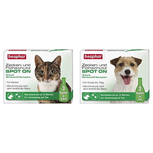 beaphar Zecken- und Flohschutz Spot On für Katzen, Zecken- und Flohschutz mit Margosa Extrakt, 3 x 0,8 ml & und Flohschutz Spot ON für Hunde bis 15 kg von beaphar