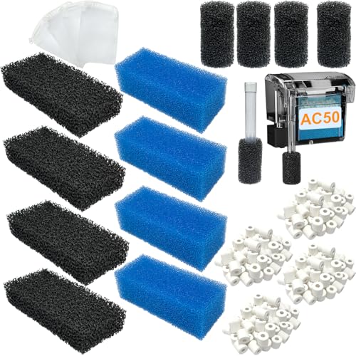 beaufan Aquarium-Medien-Wartungsset Ersatz für Fluval AC50 Powerfilter, enthält 4 Schaumstofffilter, 4 Kohlenstoffschwammfilter, 4 Keramikringe und 4 Ansaugsiebschwämme von beaufan