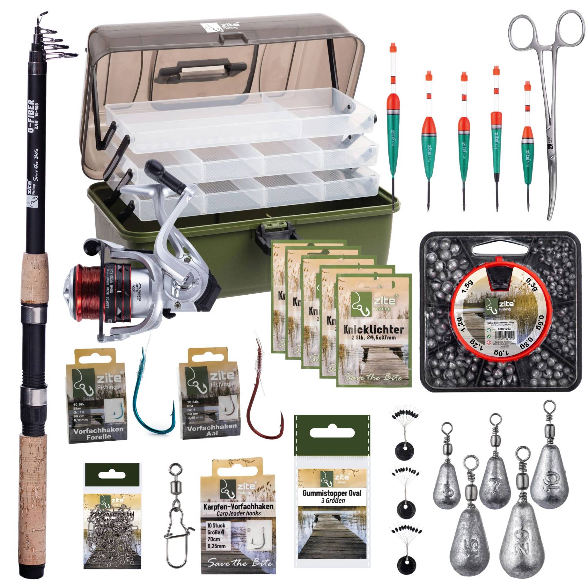 Angelkoffer Set mit viel Zubehör, Werkzeug, Rute + Rolle Bespult von Zite Fishing