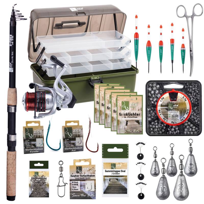 Angelkoffer Set mit viel Zubehör, Werkzeug, Rute + Rolle Bespult von Zite Fishing