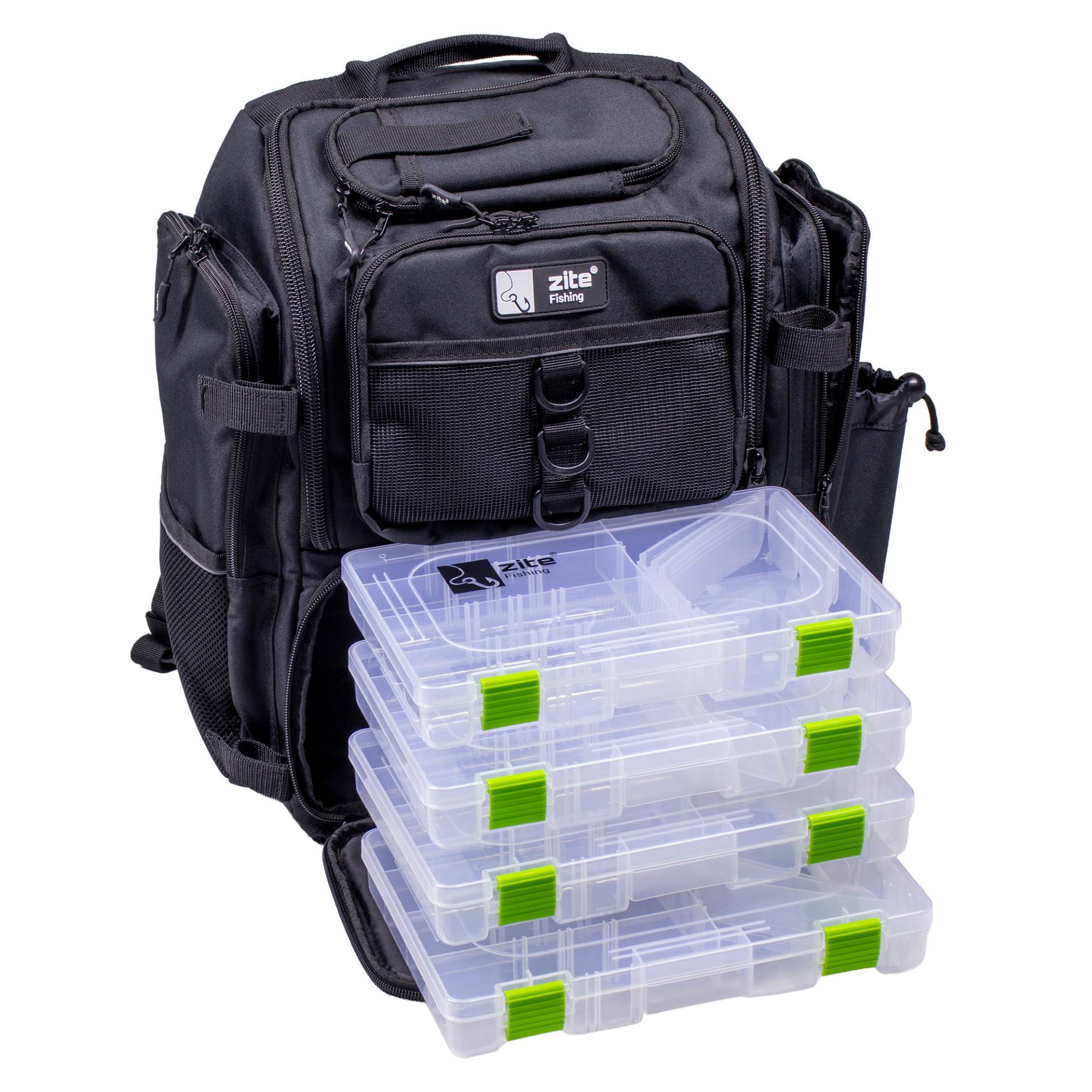 Angelrucksack mit 4 Boxen & Rückenpolster als Spinnfischer Rucksack Schwarz