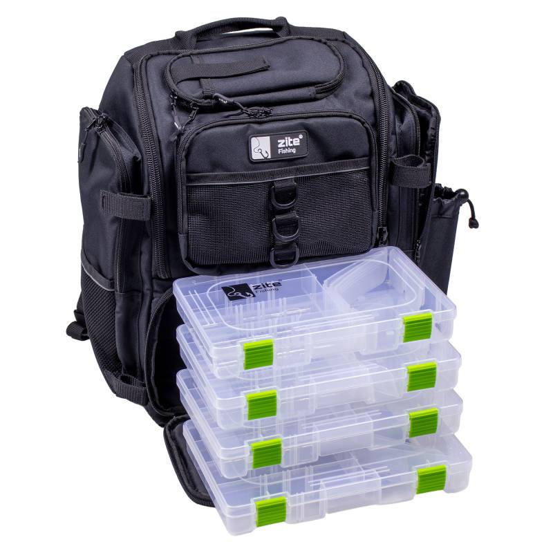 Angelrucksack mit 4 Boxen & Rückenpolster als Spinnfischer Rucksack Schwarz