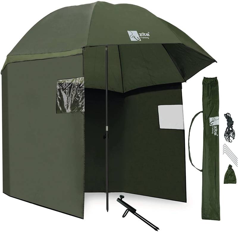 Angelschirm Schirmzelt mit Umhang 250 cm + Schirmstütze Set Zite Fishing