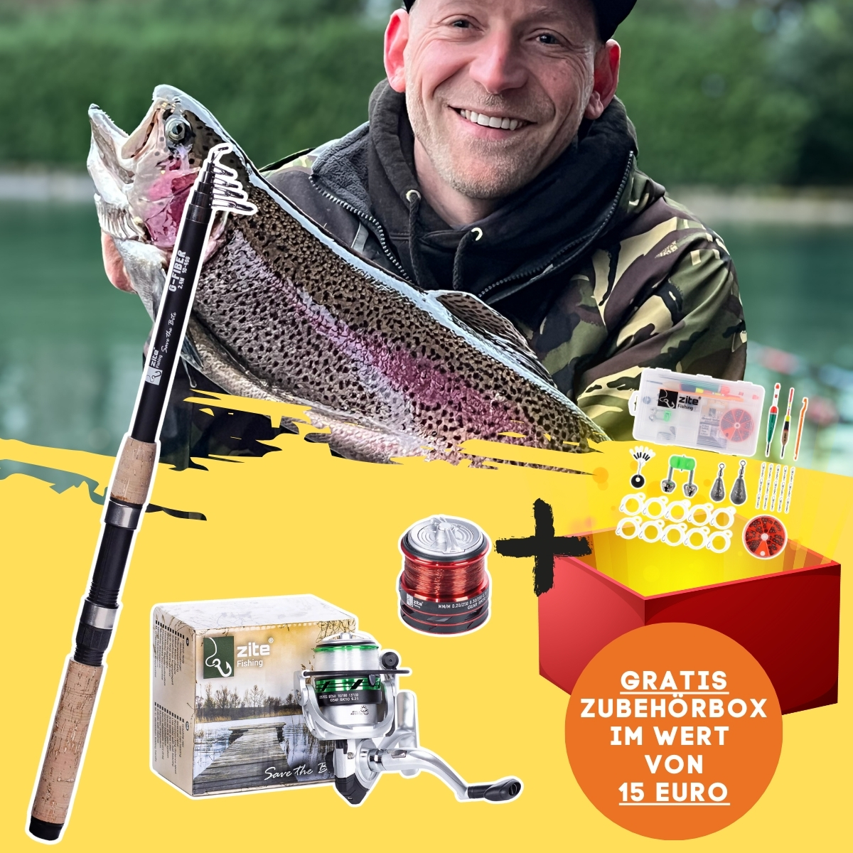 Angelset Komplett – Angelruten Sparset -Teleskoprute 240cm & Rolle + GRATIS Zubehör-Box