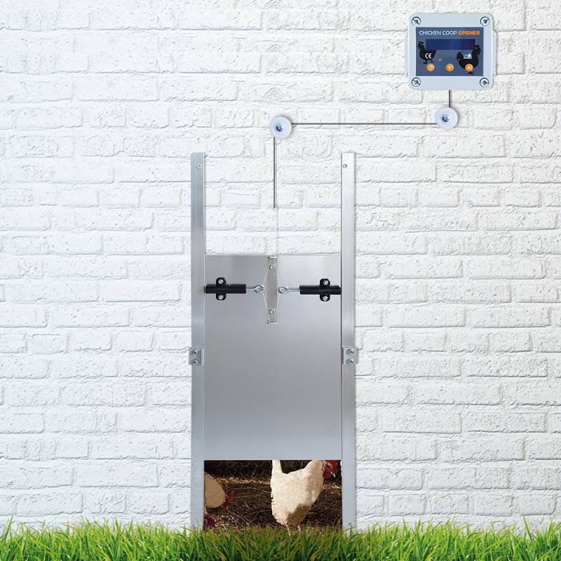Automatische Hühnerklappe / Hühnertür - Zeitschaltuhr Batteriebetrieb 22 x 32 cm Selbstverriegelung & Umlenkrollen