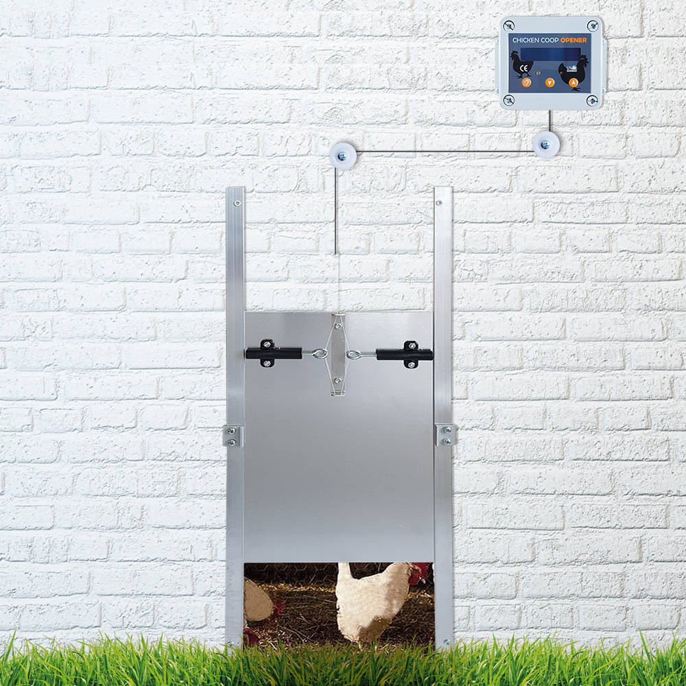 Automatische Hühnerklappe / Hühnertür - Zeitschaltuhr Batteriebetrieb 30 x 40 cm Selbstverriegelung & Umlenkrollen