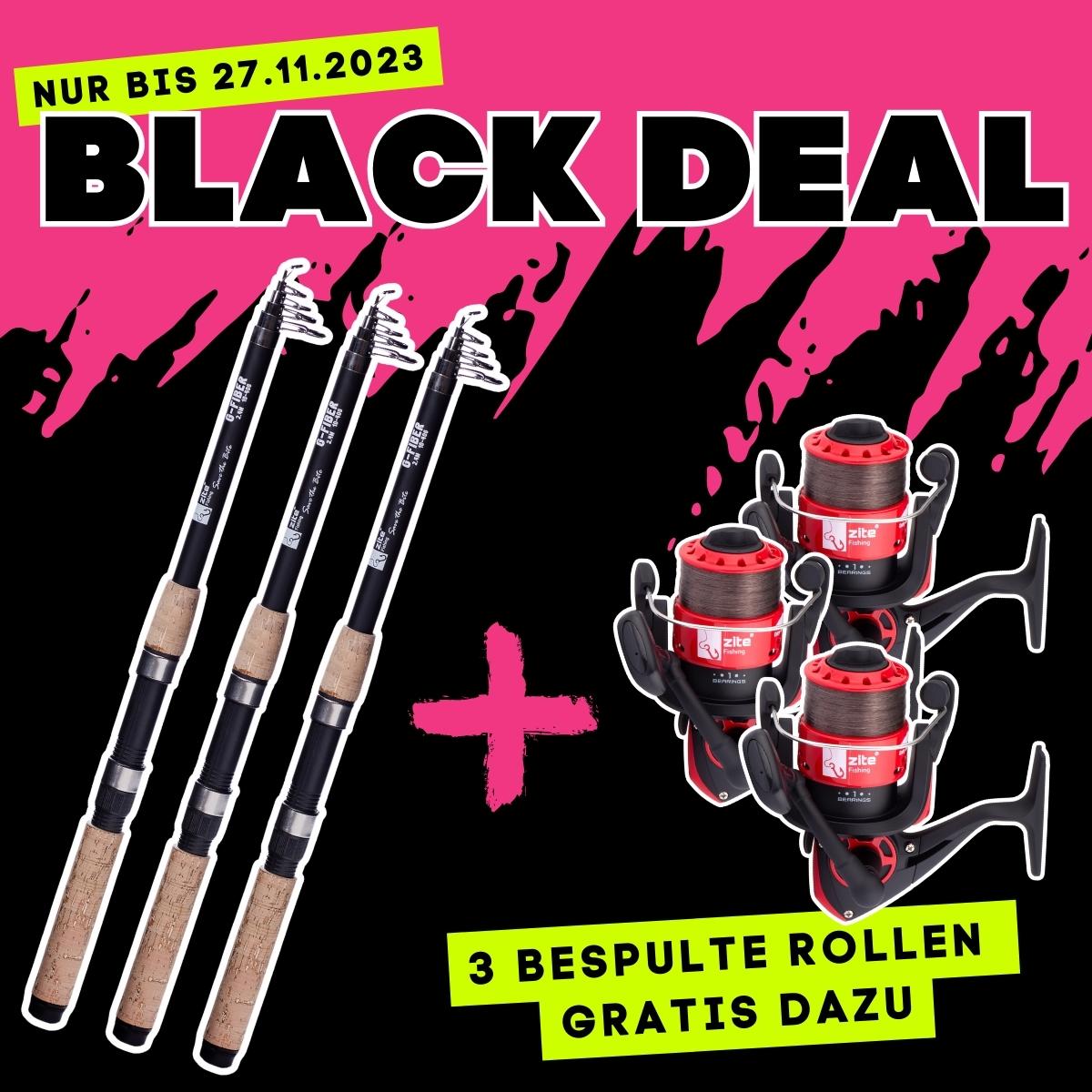 BLACK DEAL: 3 Stück Teleskopruten 2,70m + Gratis 3 Karpfenrollen Bespult