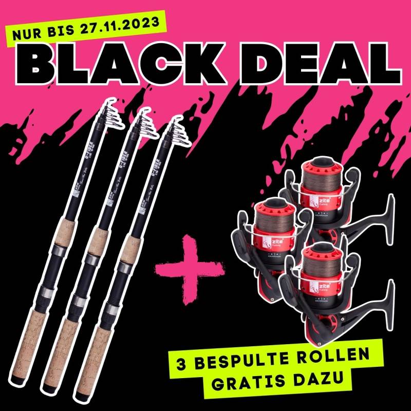 BLACK DEAL: 3 Stück Teleskopruten 2,70m + Gratis 3 Karpfenrollen Bespult