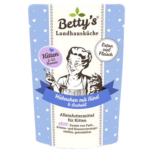 Bettys Landhausküche für Kitten Hühnchen mit Rind & Lachsöl 100 g - 12 Stück Bettys Landhausküche für Kitten Hühnchen mit Rind & Lachsöl 100 g - 12 Stück