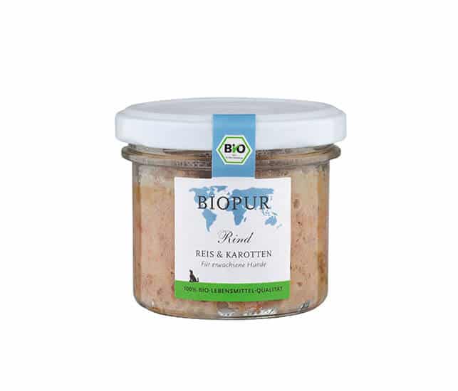 Biopur Hundefutter Rind, Reis, Karotten Bio- im GLAS - Sparpaket: 4 x 100g
