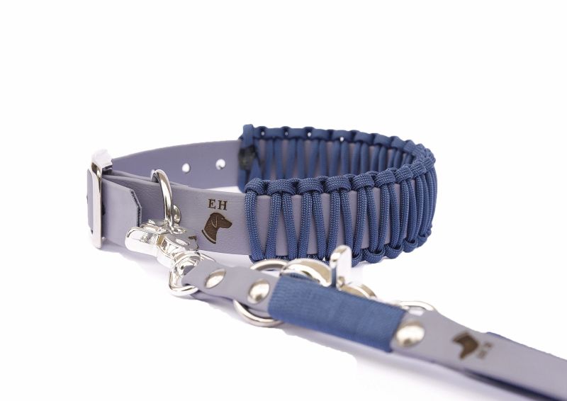 Biothane Paracord Halsband Blue Sea L Chrom (silber) Inkl. Classic Leine