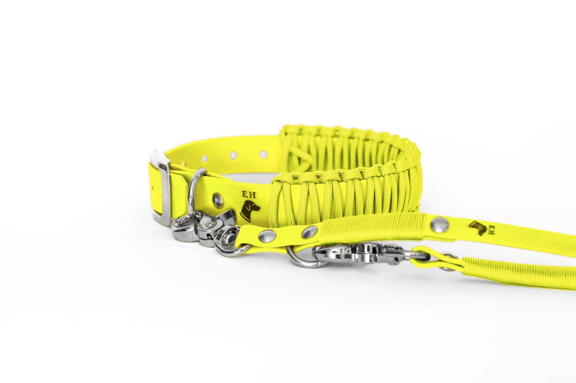 Biothane Paracord Halsband KISS ME NEONgelb L Chrom (silber) Inkl. Classic Leine