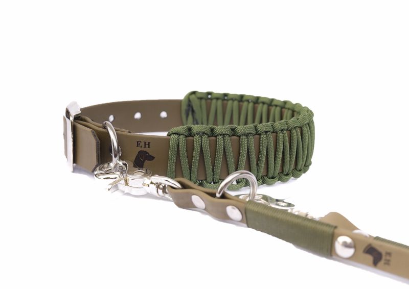Biothane Paracord Halsband Olive L Schwarz Inkl. Classic Leine